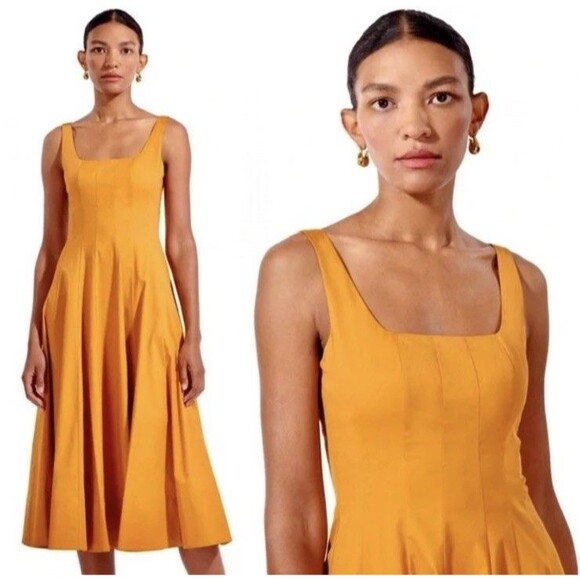 Staud Wells Midi Dress Fit & Flare A Line Sleeveless Cotton Poplin Honey Size 6 - Picture 1 of 15